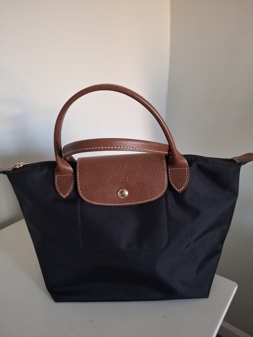Longchamp Black Nylon Tote with Brown Leather Trim